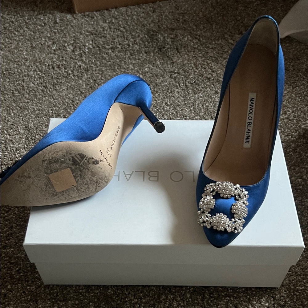 Manolo Blahnik Royal Blue Satin Pointed Toe Pumps with Crystal Buckles - Picture 4 of 7